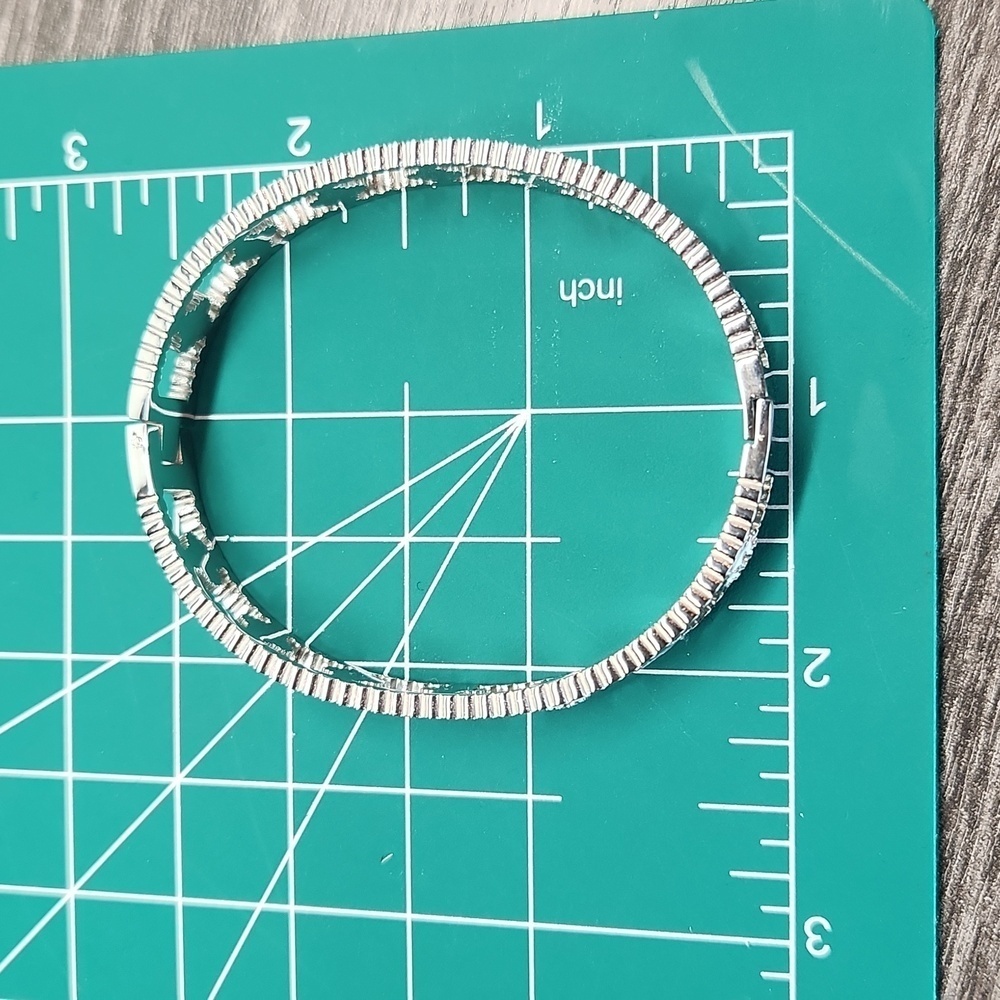 Stainless Steel Silver Tone Clover Bangle, Pearl White, Simulated Diamond - Picture 7 of 8